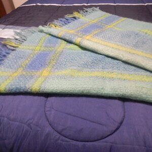 Classic Plaid Shawl Hand Knitted From 1966. Greens, Blues & Yellow